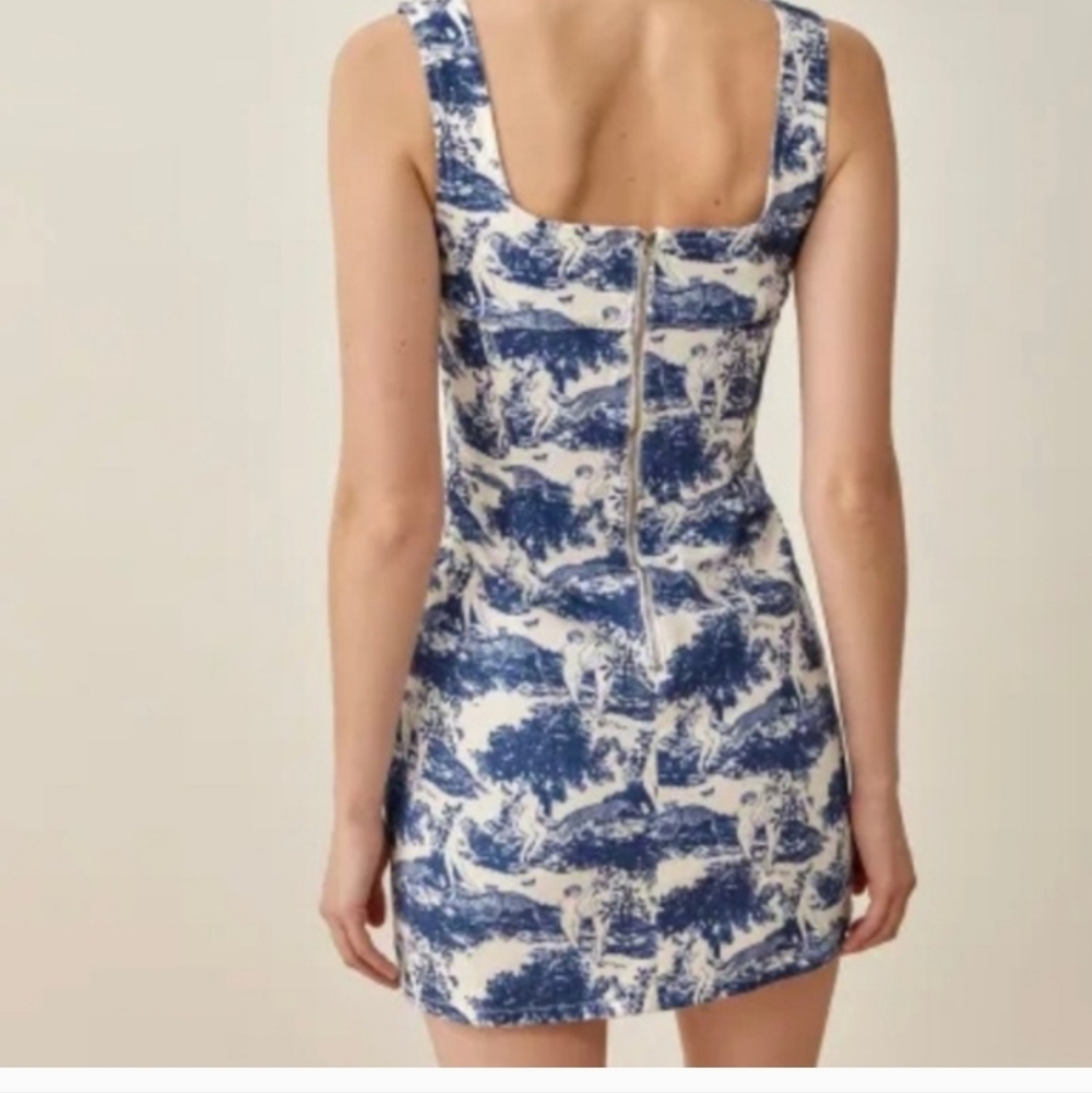 Reformation Jeans Blue Toile Square-Neck Mini Dress - Picture 3 of 7